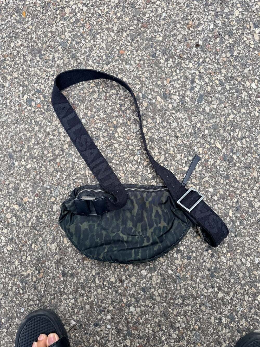AllSaints Anita Half Moon Crossbody Bag Leopard Green Nylon Belt Bag